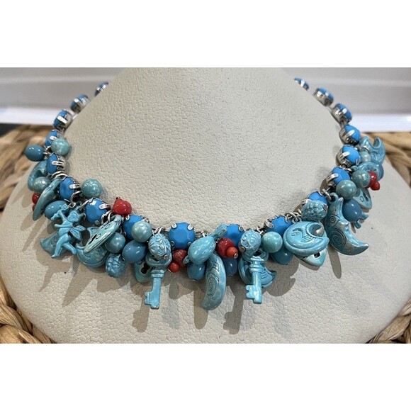 Cha Cha Blue Moon Cherubs Dangle Bib Chocker Necklace Set Silver Tone Celestial - Picture 1 of 10
